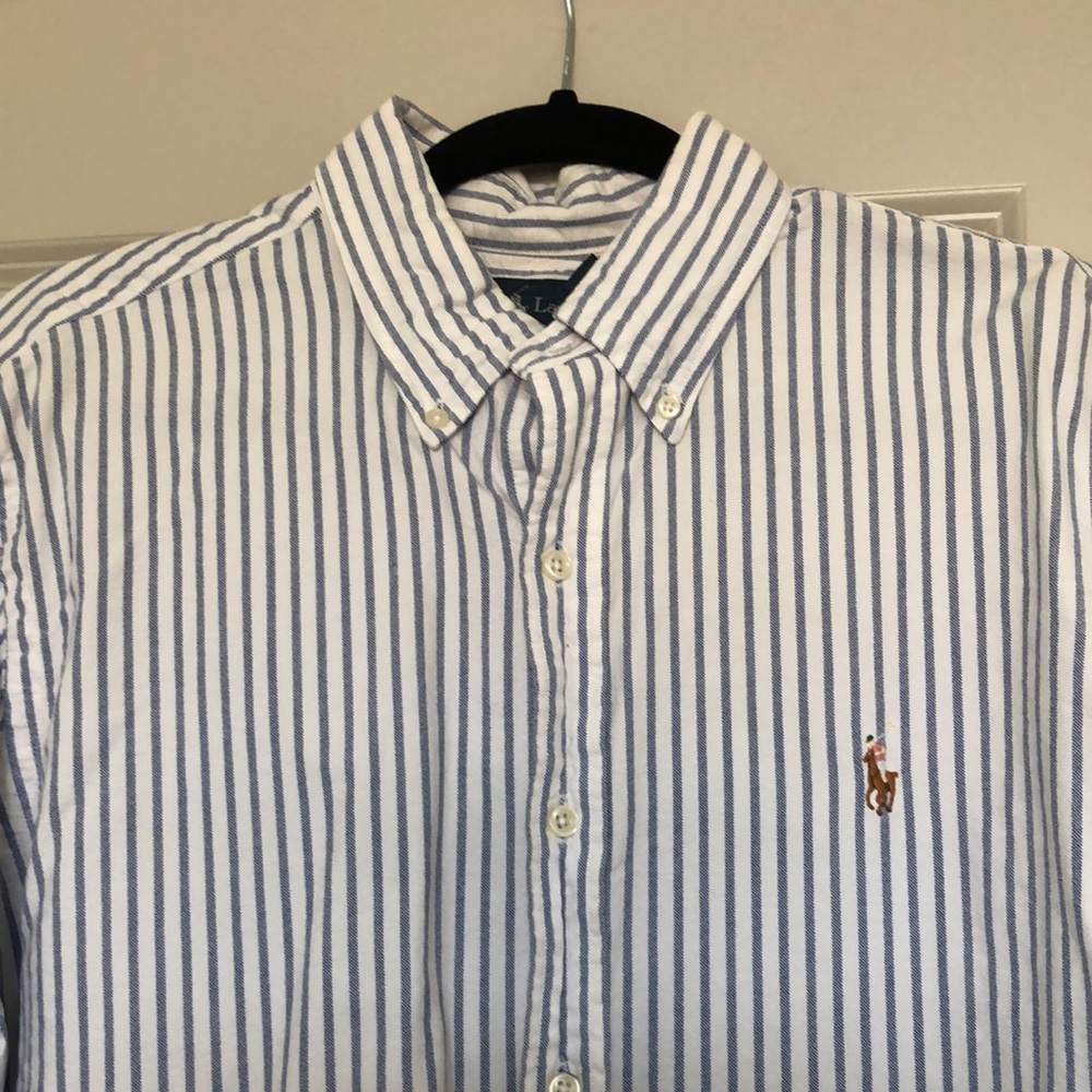Men’s Ralph Lauren Polo, size Large, navy blue and white stripe
